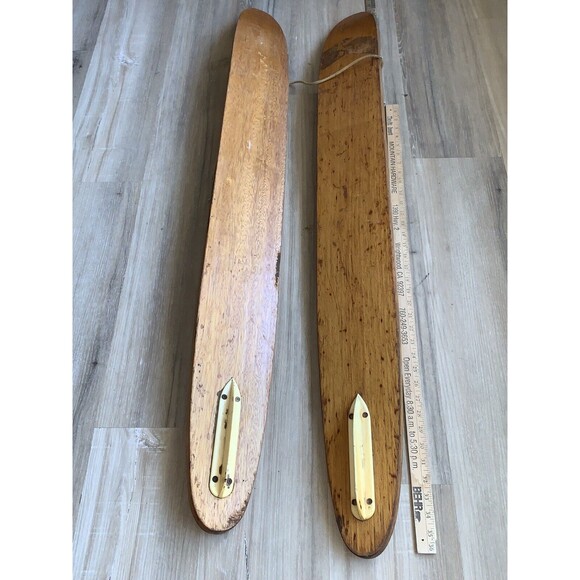 Vintage Pair Junior Size RIVIERA Adjustable Binding Metal Wood Water Skis - Picture 10 of 11